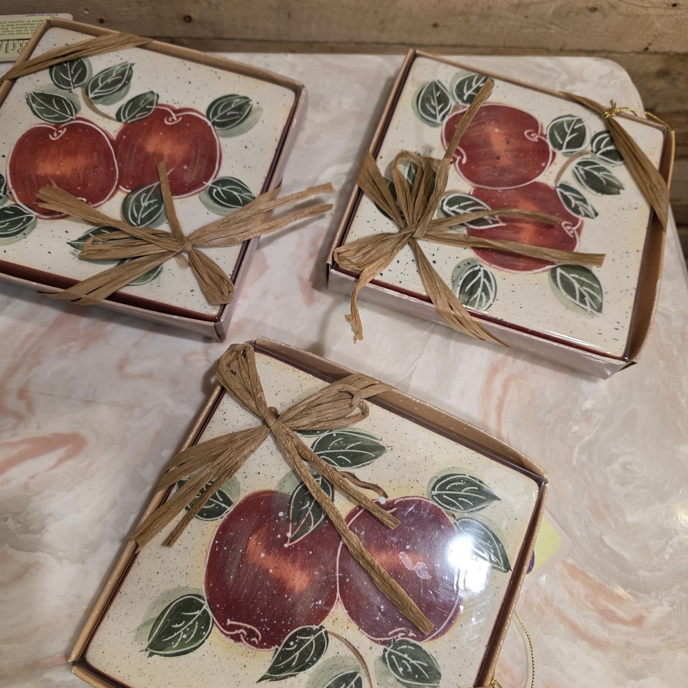 Set of 4 Apple Ceramic Coasters - Red & Green